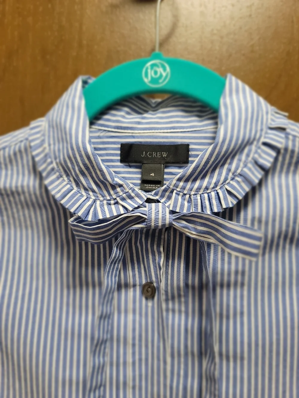 Sz 4 J.Crew Striped Button-Up Tie-neck Tuxedo Shirt 100% Cotton Ruffled Collar